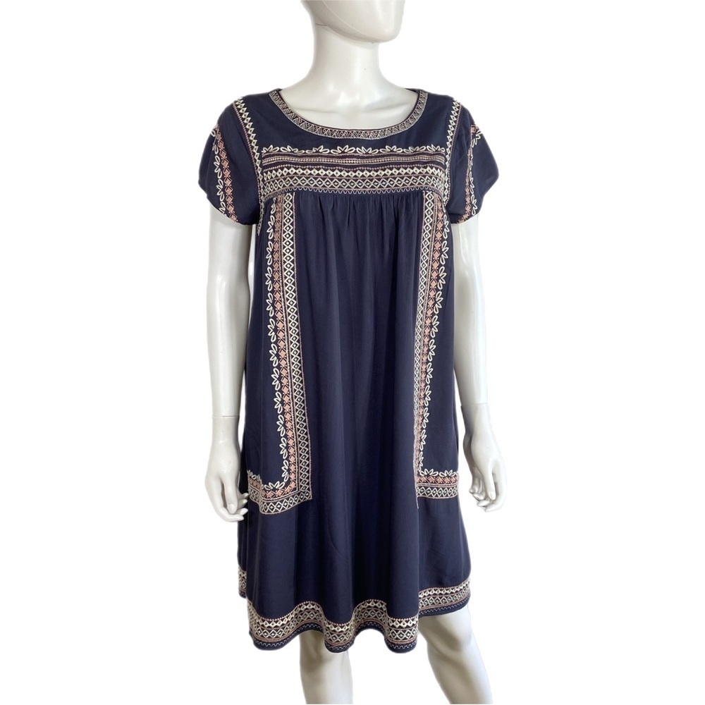 Mikarose Embroidered Dusty Navy Cap Sleeve Dress